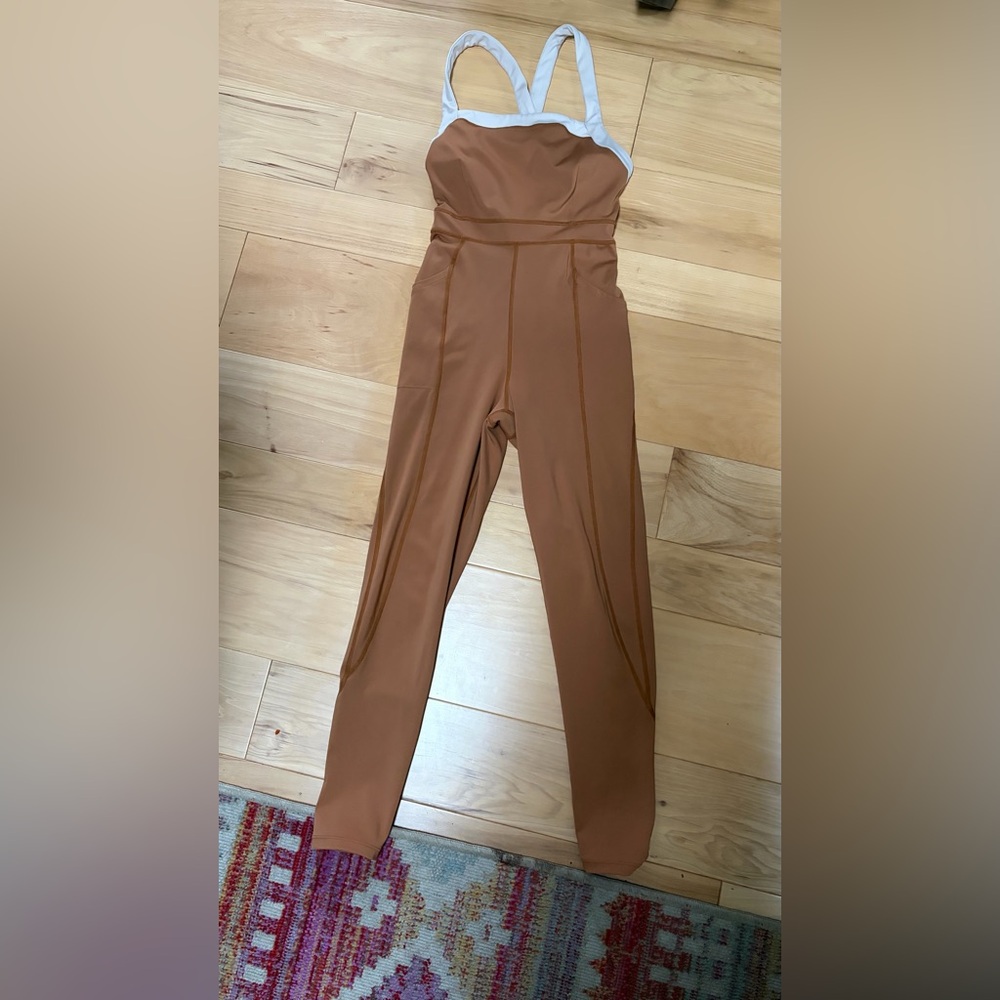 Women's Tan workout jumpsuit built-in bra, free people movement